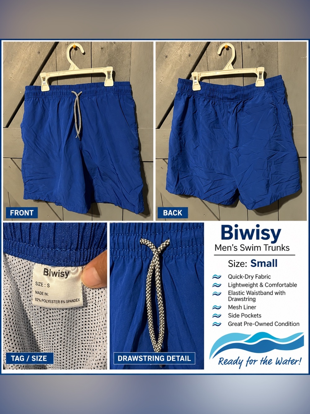 Biwisy Men’s Royal Blue Quick-Dry Swim Trunks - Size Small
